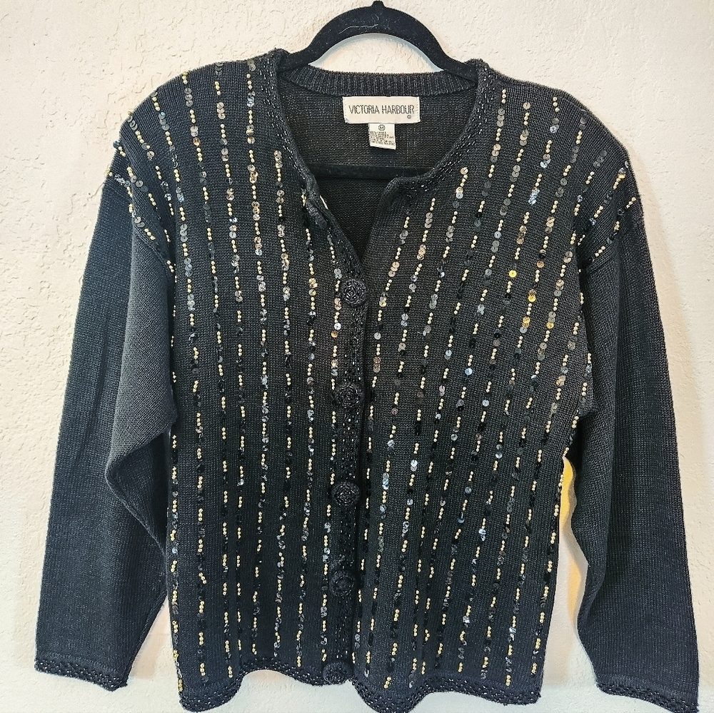 Vintage Victoria Harbour Black Cardigan Gold Sequins Holiday New Years Preppy